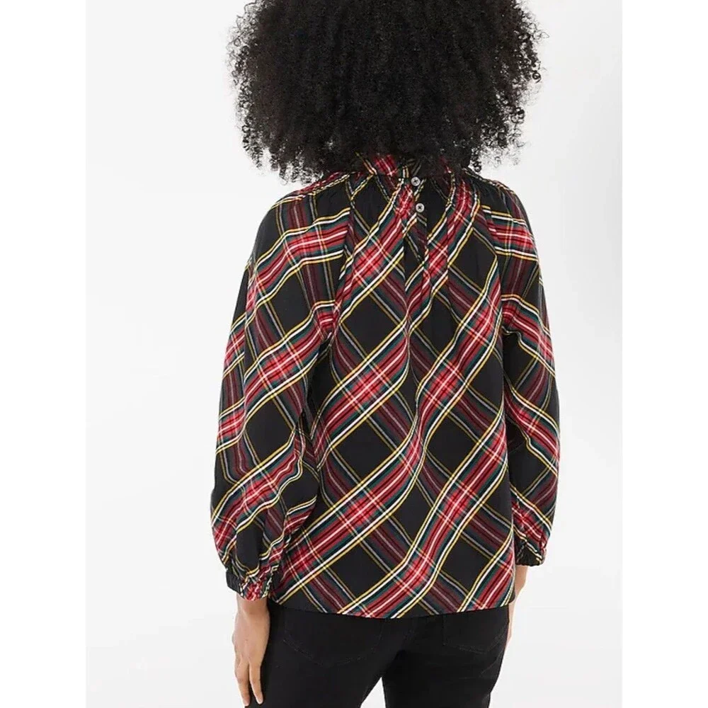 New J.CREW SMOCKED PUFF SLEEVE POPLIN  Blouse TOP Small STEWART TARTAN $89